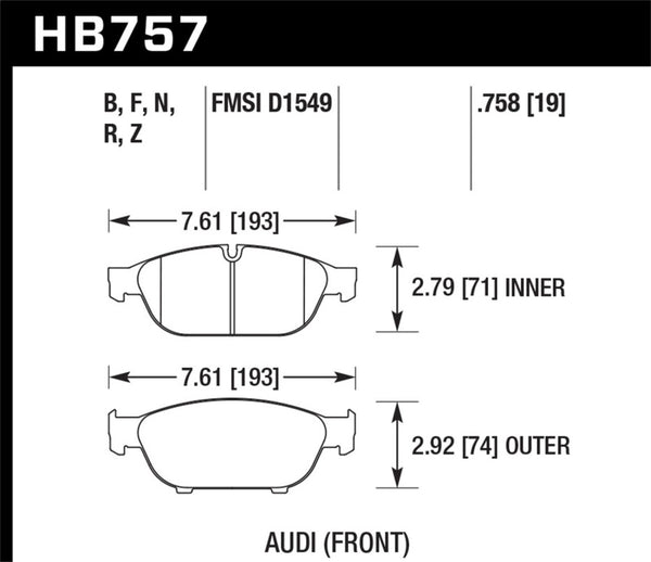 Hawk HB757F.758 Audi 2013 A5 Quattro / 12-16 A6 Quattro/A7 Quattro/A8 Quattro HPS Front Brake Pads