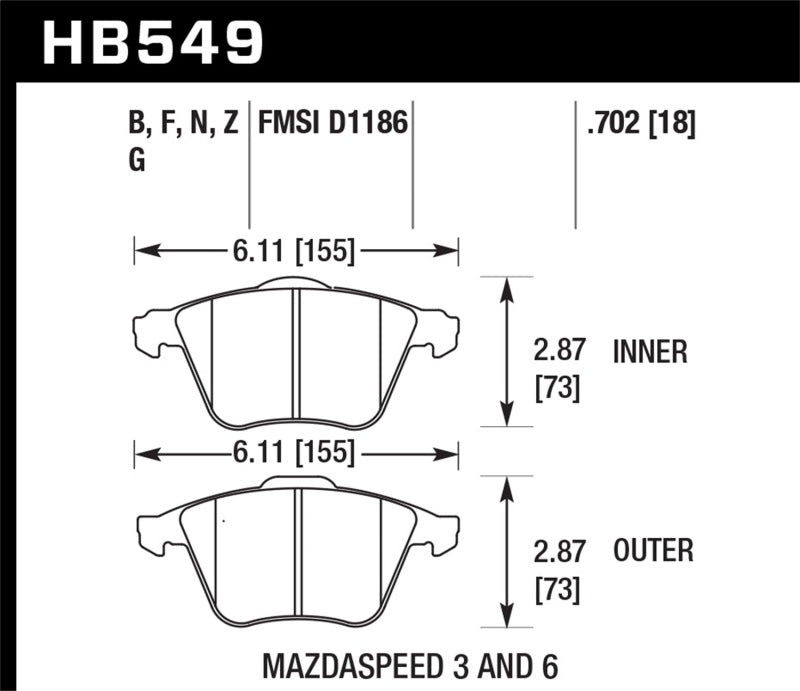 Hawk HB549N.702 07-08 Mazdaspeed3/06-07 Mazdaspeed6 HP+ Street Front Brake Pads