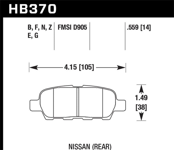 Hawk HB370N.559 03-07 350z / G35 / G35X w/o Brembo HP+ Street Rear Brake Pads