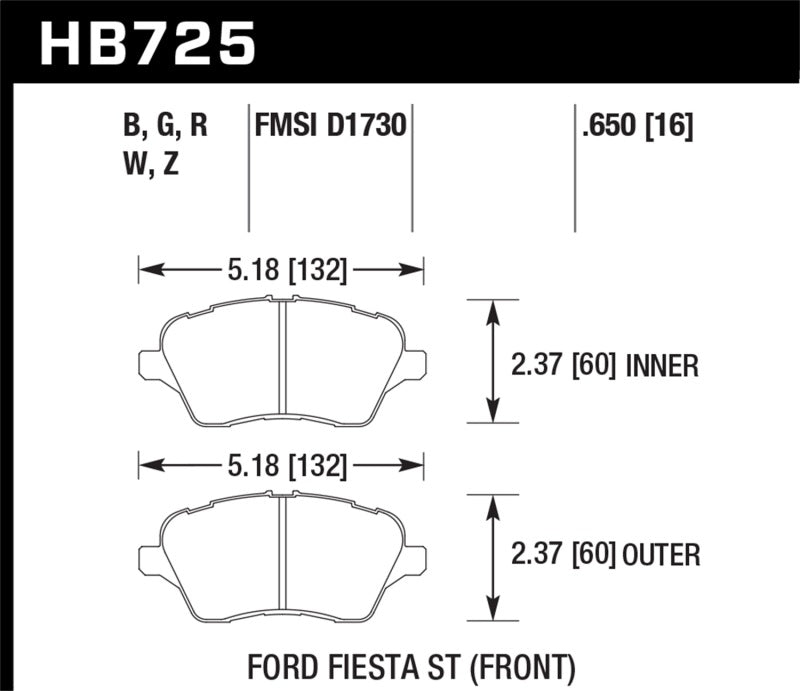 Hawk HB725N.650 14-16 Ford Fiesta ST HP+ Street Front Brake Pads