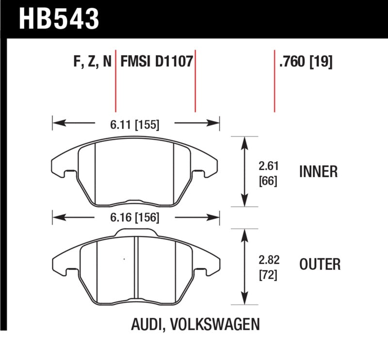 Hawk HB543B.760 2006-2009 Audi A3 TFSIi Quattro 2.0 HPS 5.0 Front Brake Pads