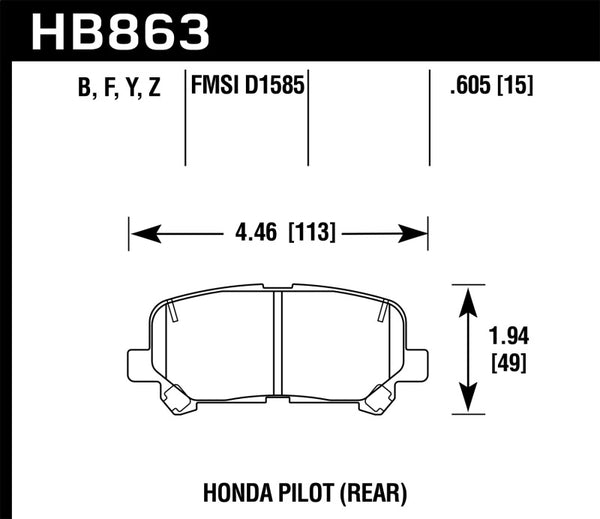 Hawk HB863B.605 12-15 Honda Pilot HPS 5.0 Rear Brake Pads