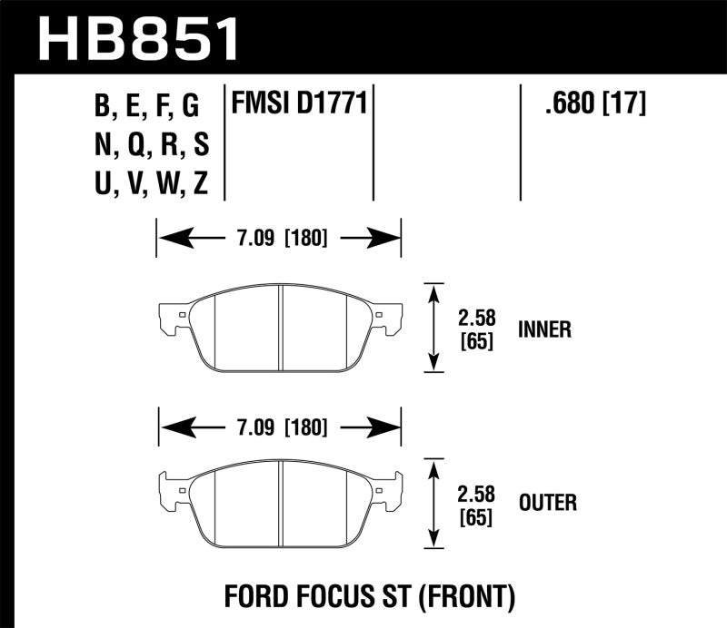 Hawk HB851W.680 15-16 Ford Focus ST DTC-30 Race Front Brake Pads