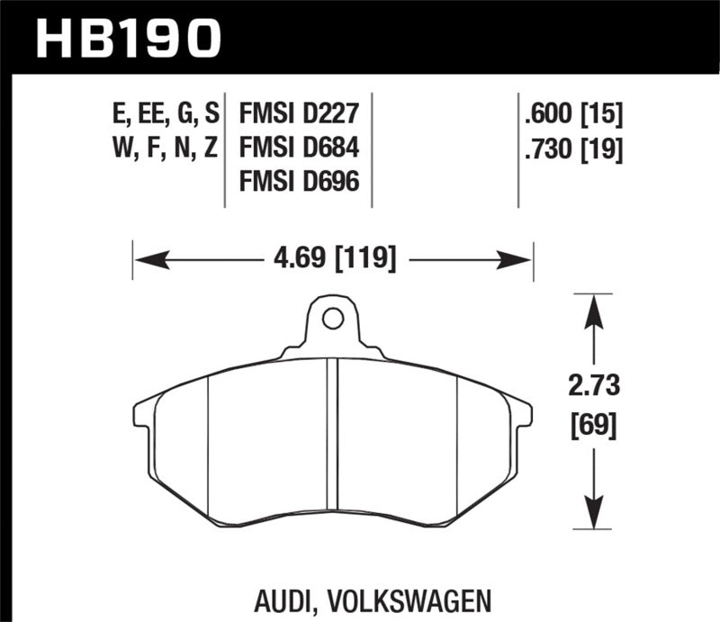 Hawk HB190D.600 1985 Audi 4000 1.8L S 256mm Rotors Front ER-1 Brake Pads