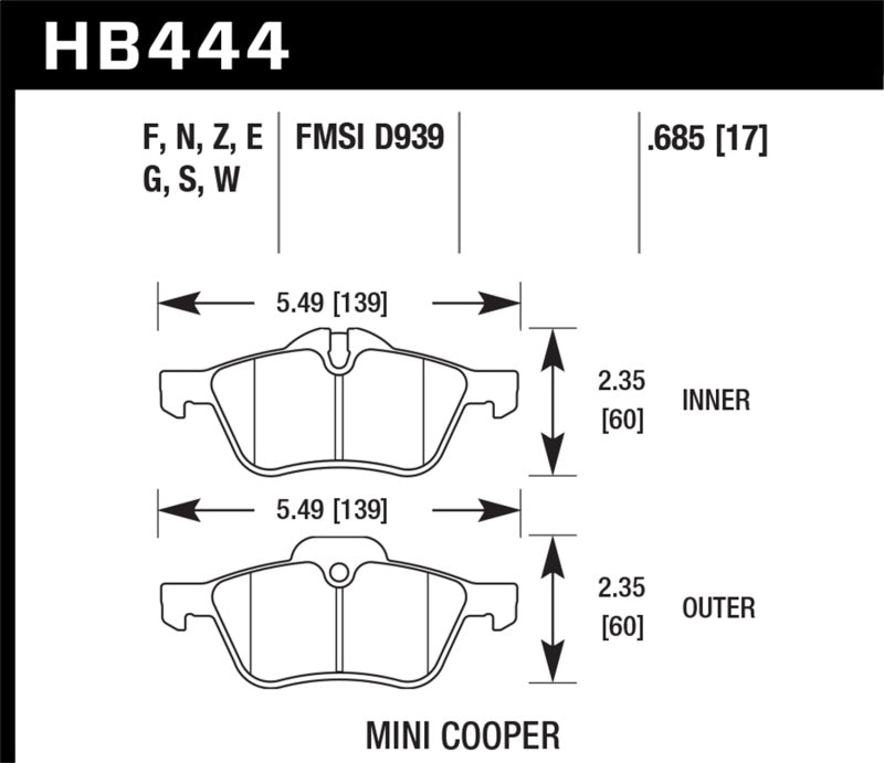 Hawk HB444E.685 02-06 Mini Cooper / Cooper S Blue  Race Front Brake Pads