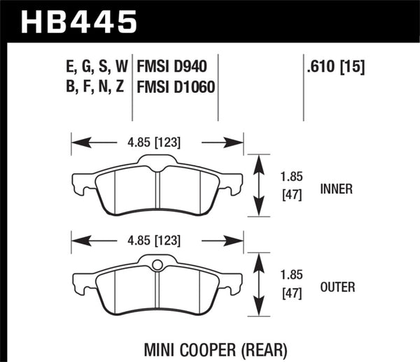 Hawk HB445B.610 02-08 Mini Cooper HPS 5.0 Street Rear Brake Pads