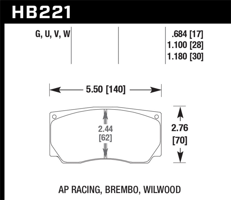 Hawk HB221U.684 AP Racing/Wilwood 17mm DTC-70 Race Rear Brake Pads