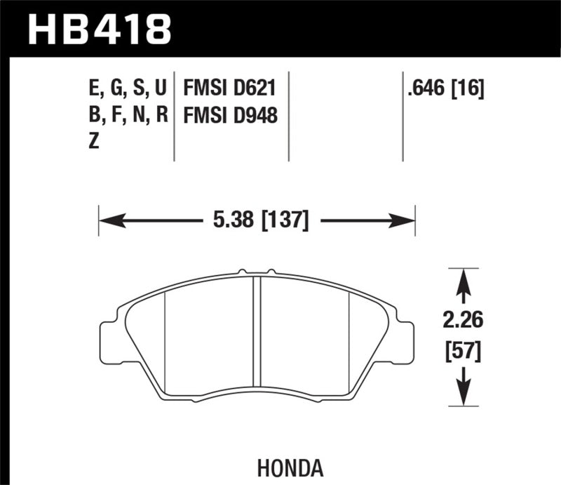 Hawk HB418U.646 02-06 Acura RSX / 93-97 Honda Civic Del Sol VTEC DTC-70 Front Brake Pads