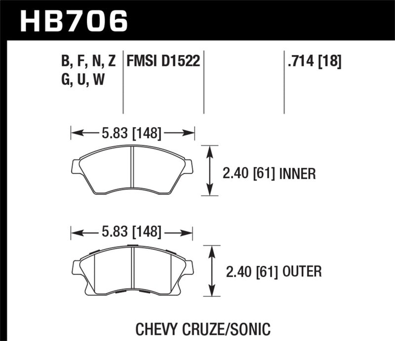 Hawk HB706F.714 11-12 Chevy Cruze Eco/LS/1LT/2LT/LTZ / 12 Sonic LS/LT/LTZ HPS Front Street Brake Pads