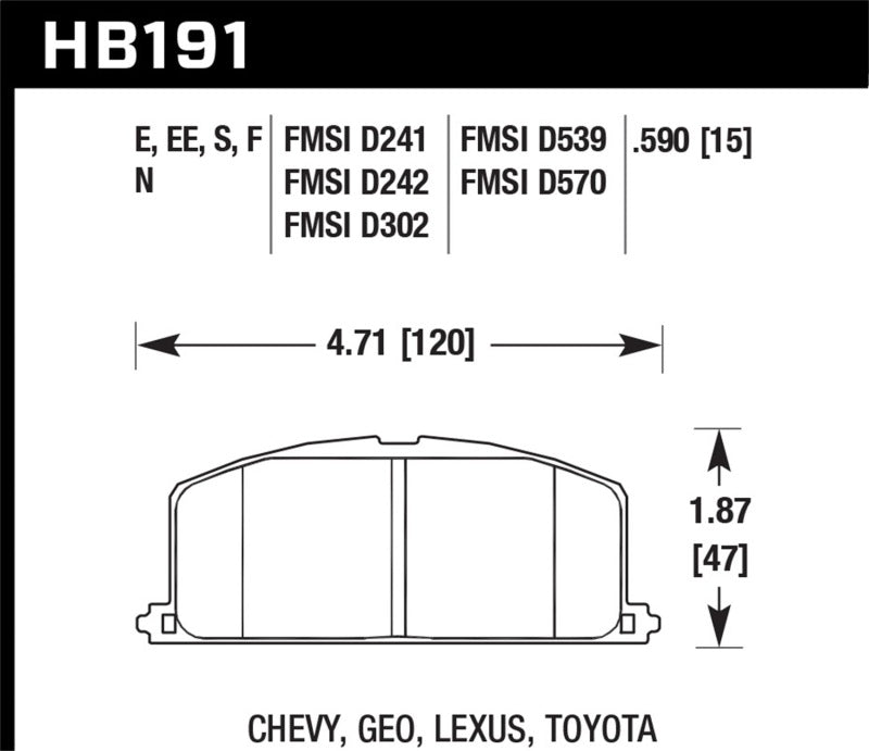 Hawk HB191E.590 86-88 Chevy Nova / 90-92 Geo Prizm GSI / 90-92 Prizm LSI / Toyota (Various) Race Front Brake Pa